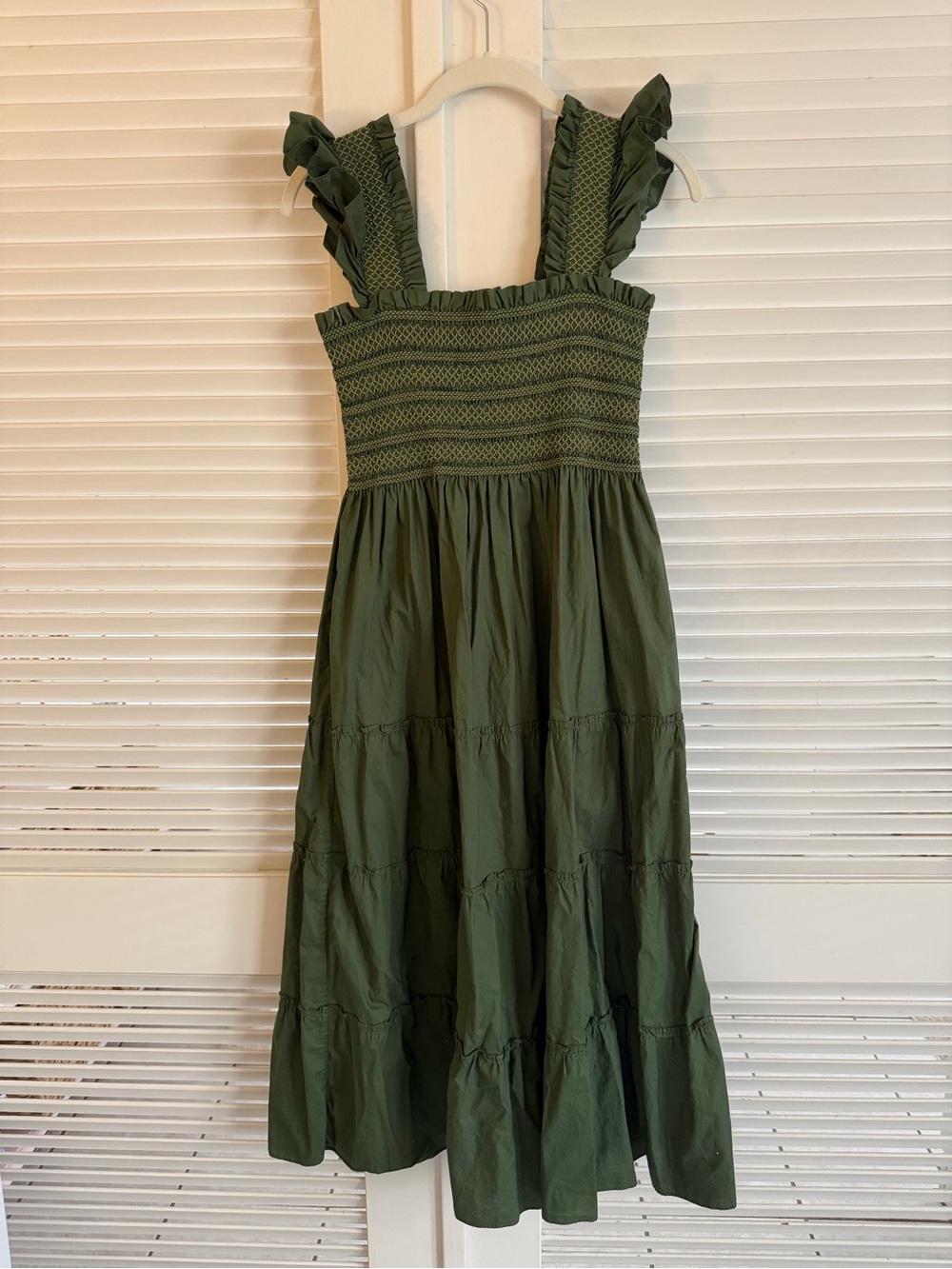 Hill House Olive Green Smocked Midi Dress with Ruffle Straps - Picture 3 of 4